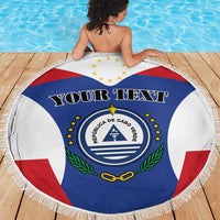 Round personalized beach blanket with Cabo Verde coat of arms and 'Your Text' center print