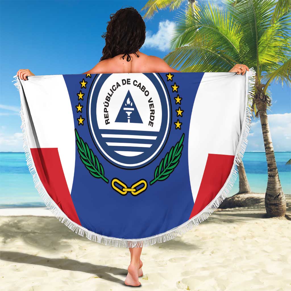 Personalized round beach blanket with Cabo Verde coat of arms and 'Your Text' held up