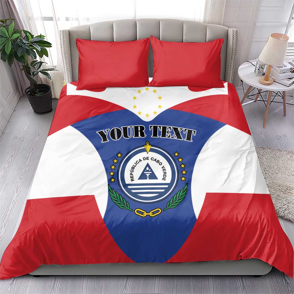 Flag-themed bedding set with red and white striped design, blue crest, “YOUR TEXT”