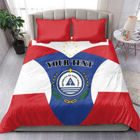Flag-themed bedding set with red and white striped design, blue crest, “YOUR TEXT”
