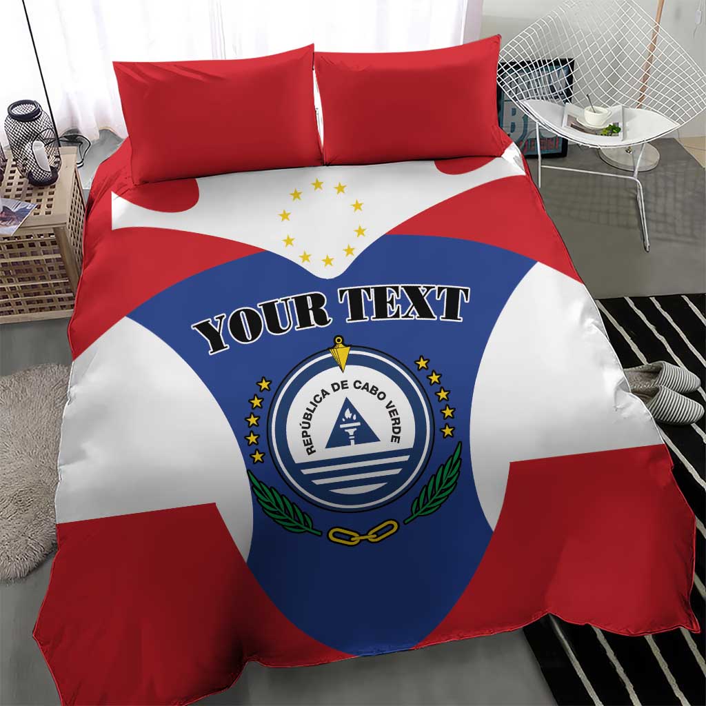 Red, white, and blue flag bedding set with central crest and “YOUR TEXT” print