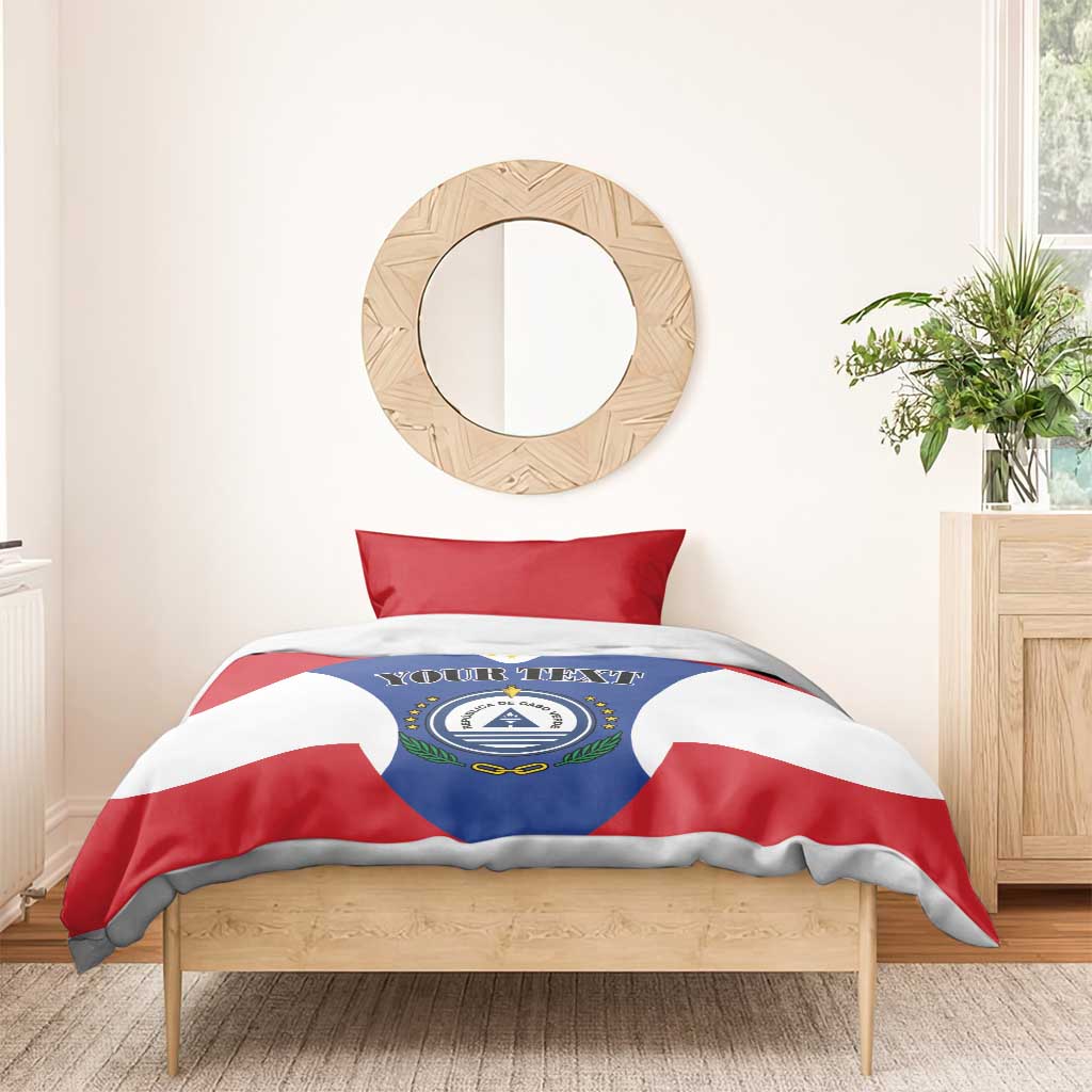 Flag crest bedding set with red, white, and blue center emblem and “YOUR TEXT”