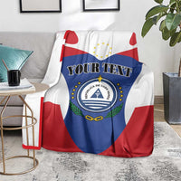 Cape Verde coat of arms blanket with personalized text, red white and blue flag design on couch