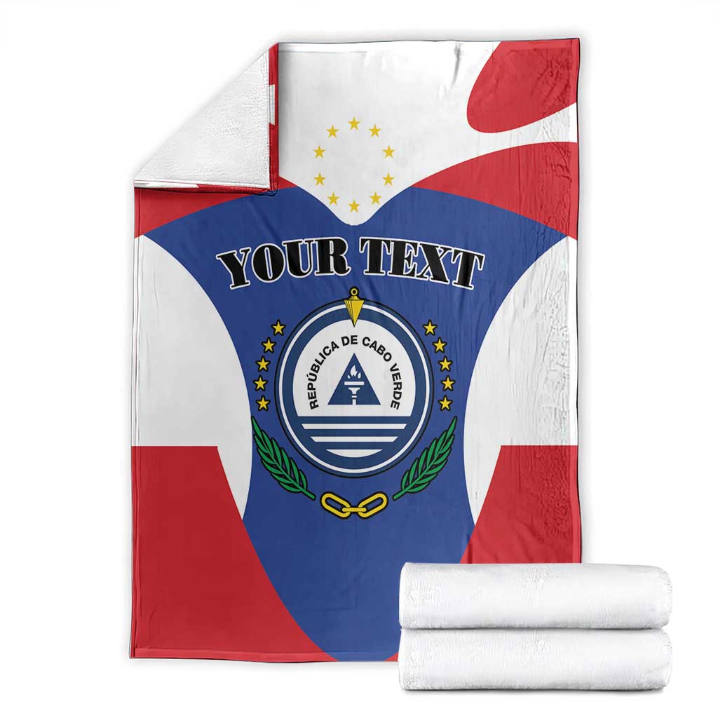 Cape Verde coat of arms blanket with personalized text, red white and blue flag design folded