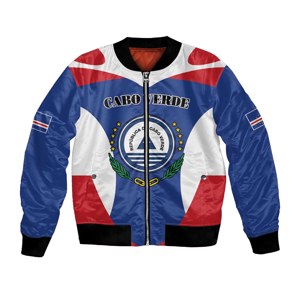 Blue, red and white full-zip bomber jacket with ribbed hem and Cabo Verde crest graphic