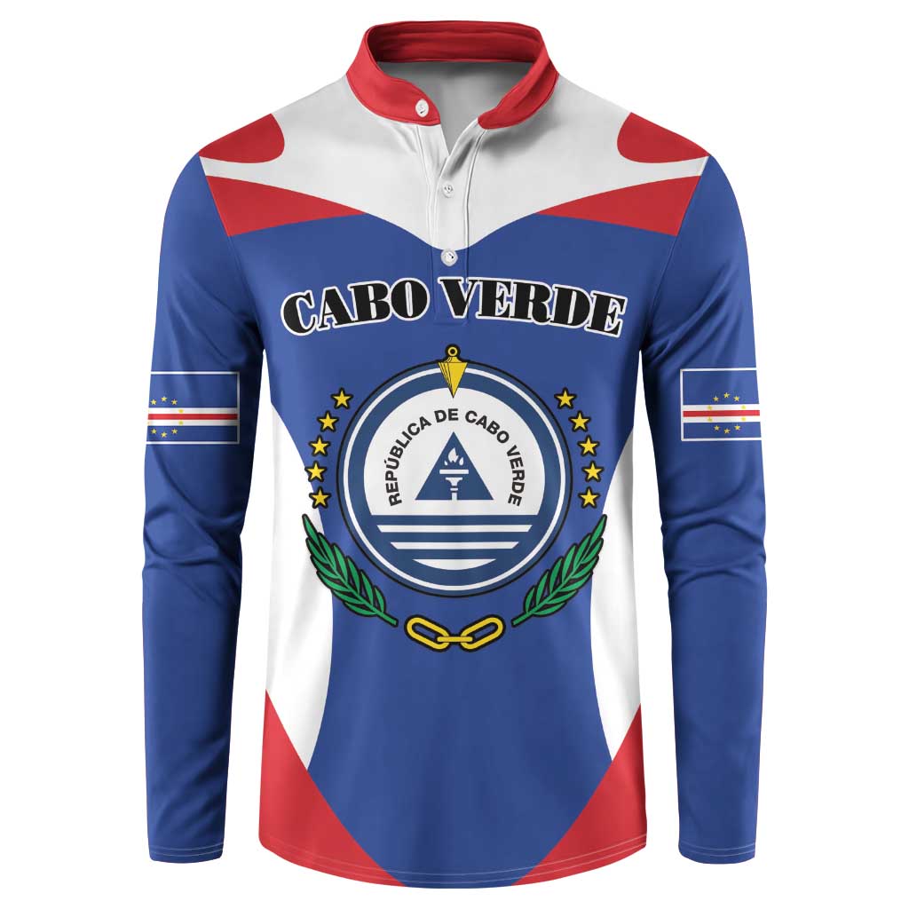Blue quarter-zip sweatshirt with red collar and Cabo Verde crest on the chest