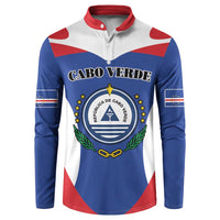 Blue quarter-zip sweatshirt with red collar and Cabo Verde crest on the chest