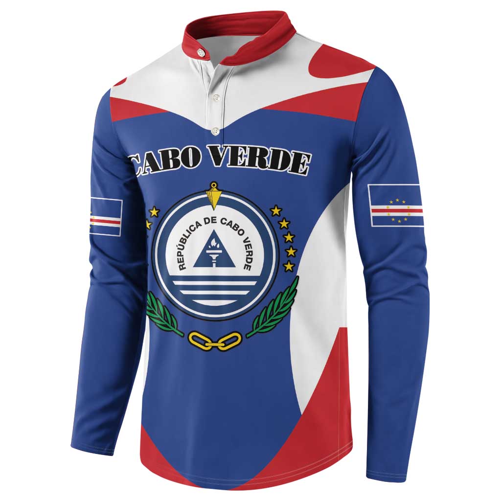 Blue quarter-zip sweatshirt with red collar, Cabo Verde crest graphic and flag color panels