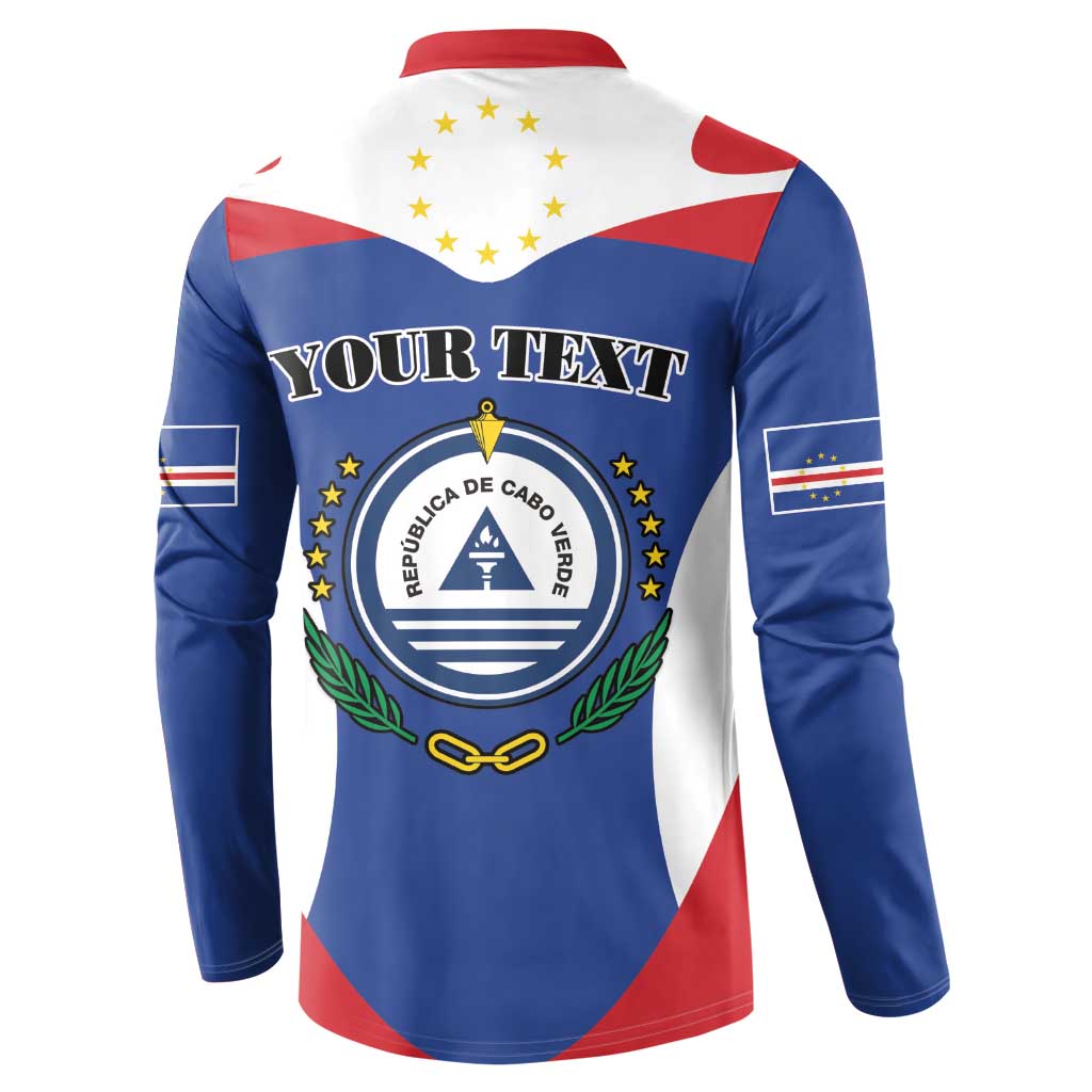 Blue quarter-zip sweatshirt with red collar, back “YOUR TEXT” and Cabo Verde crest