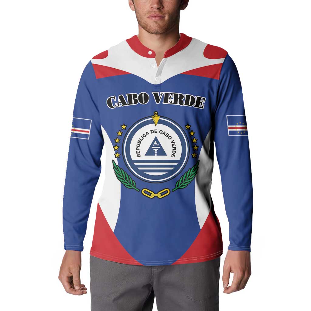 Blue quarter-zip sweatshirt with red collar, Cabo Verde crest and flag-striped sleeves