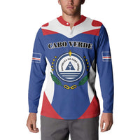 Blue quarter-zip sweatshirt with red collar, Cabo Verde crest and flag-striped sleeves