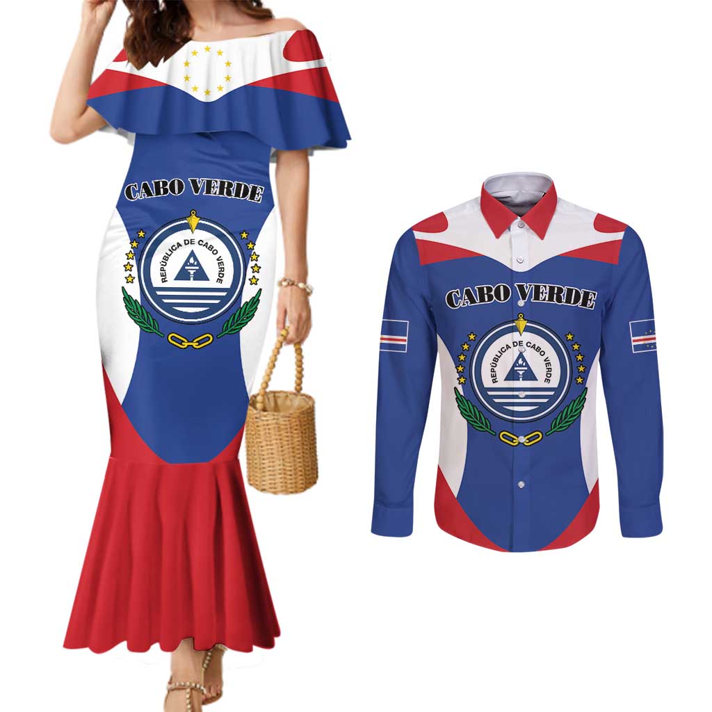 Personalized Cape Verde Coat Of Arms Couples Matching Mermaid Dress and Long Sleeve Button Shirt Sport Style