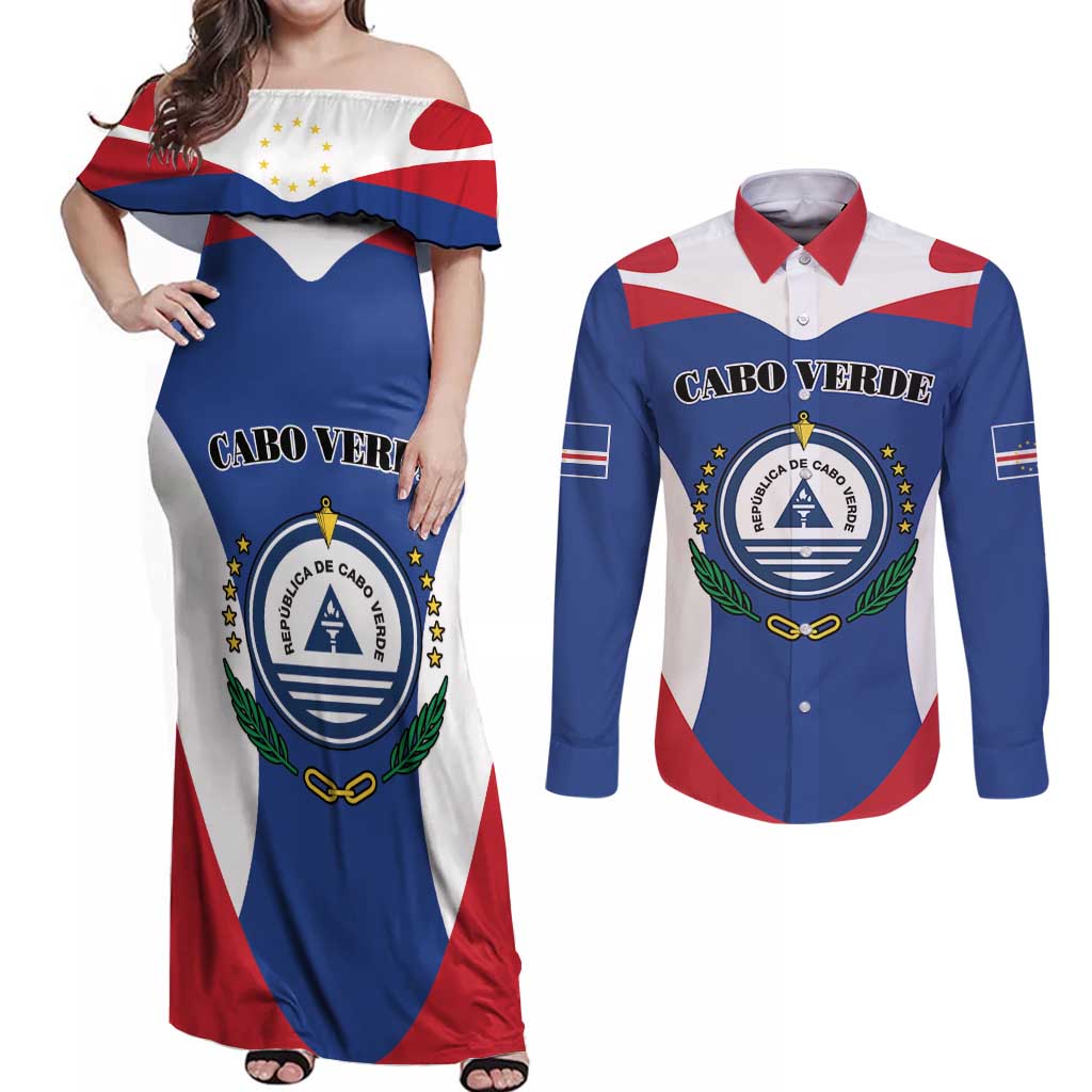 Personalized Cape Verde Coat Of Arms Couples Matching Off Shoulder Maxi Dress and Long Sleeve Button Shirt Sport Style - Wonder Print Shop