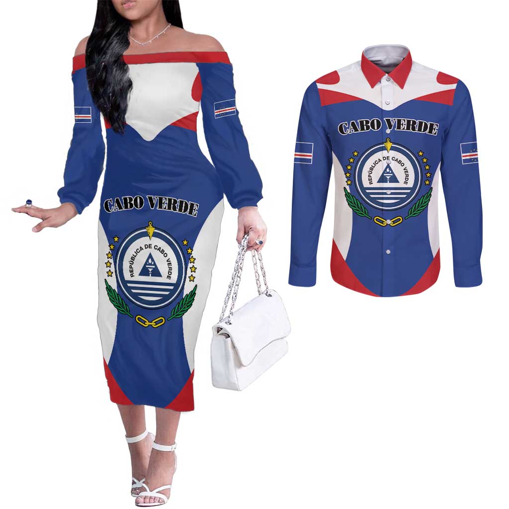 Personalized Cape Verde Coat Of Arms Couples Matching Off The Shoulder Long Sleeve Dress and Long Sleeve Button Shirt Sport Style