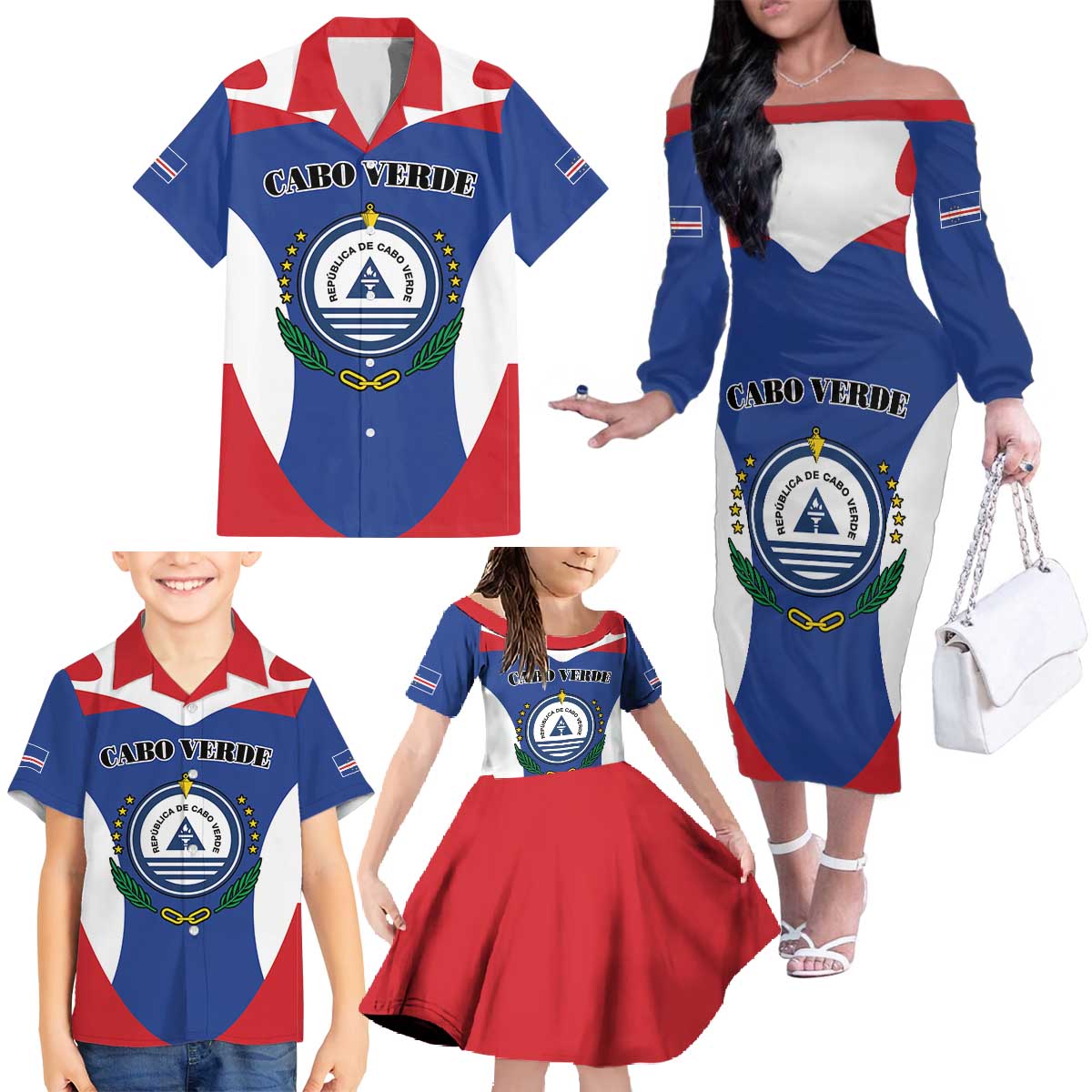 Personalized Cape Verde Coat Of Arms Family Matching Off The Shoulder Long Sleeve Dress and Hawaiian Shirt Sport Style - Wonder Print Shop