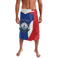 Front view flag-print sport shorts with large circular coat of arms