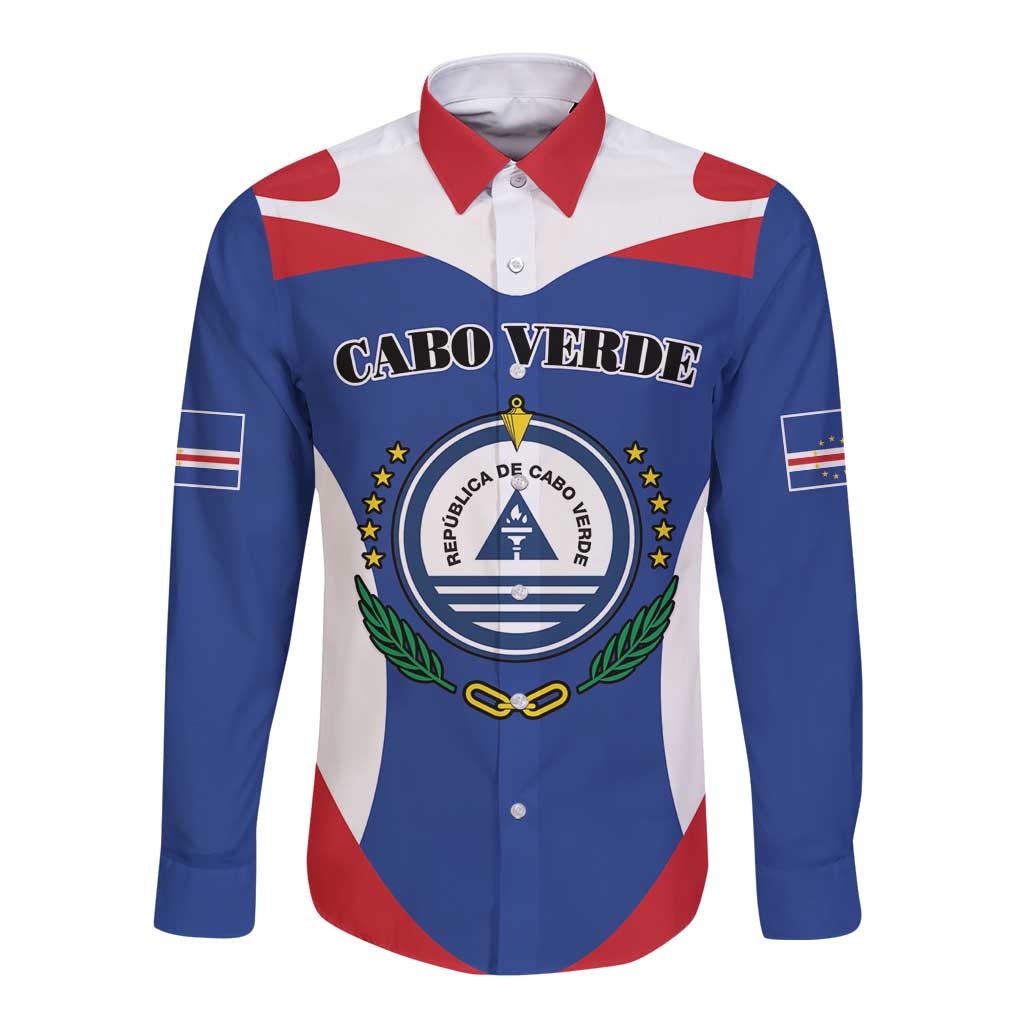 Blue long-sleeve button shirt with Cape Verde coat of arms and red/white side panels