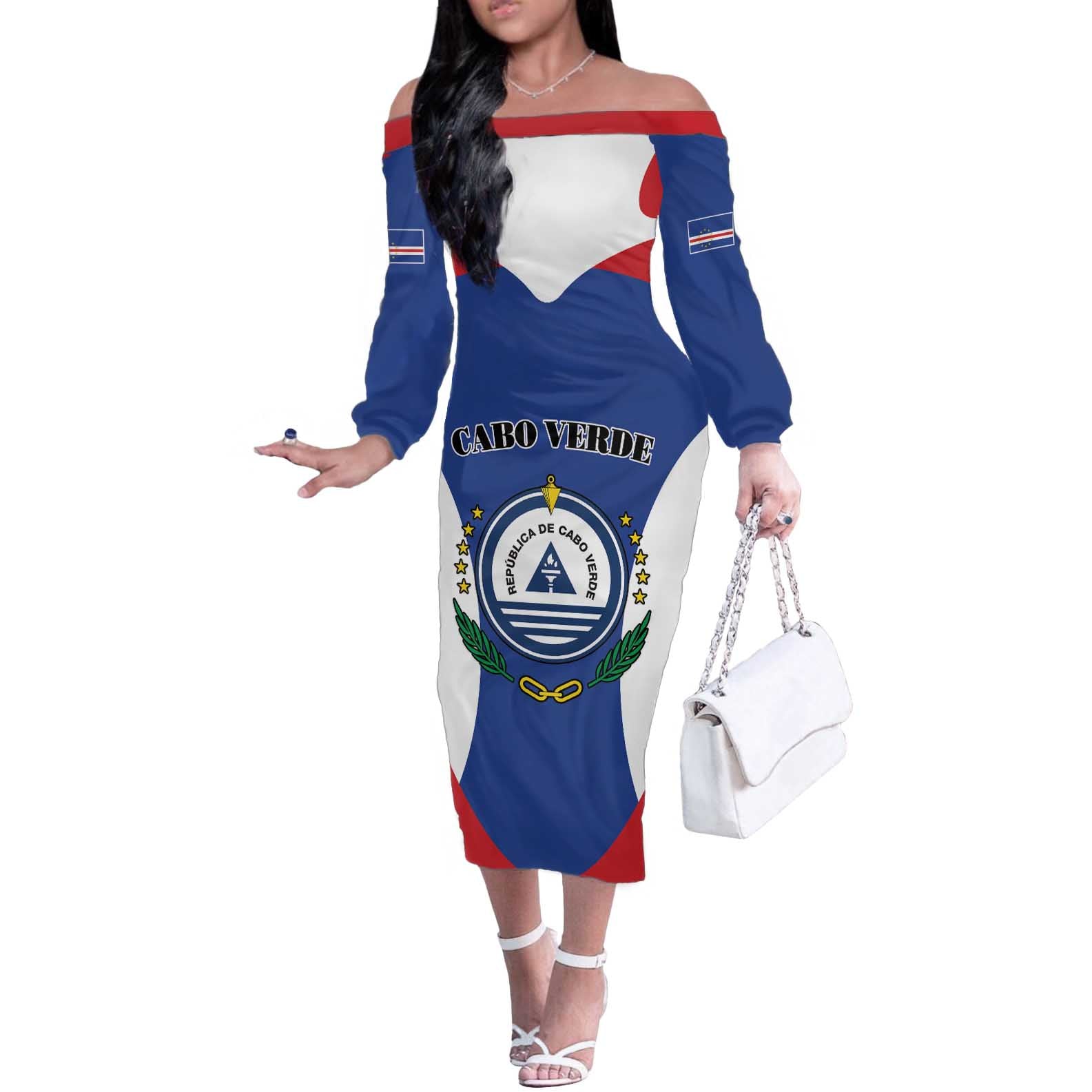 Personalized Cape Verde Coat Of Arms Off The Shoulder Long Sleeve Dress Sport Style - Wonder Print Shop