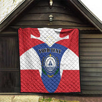 Quilted blanket hanging outdoors with Cape Verde flag print and custom text