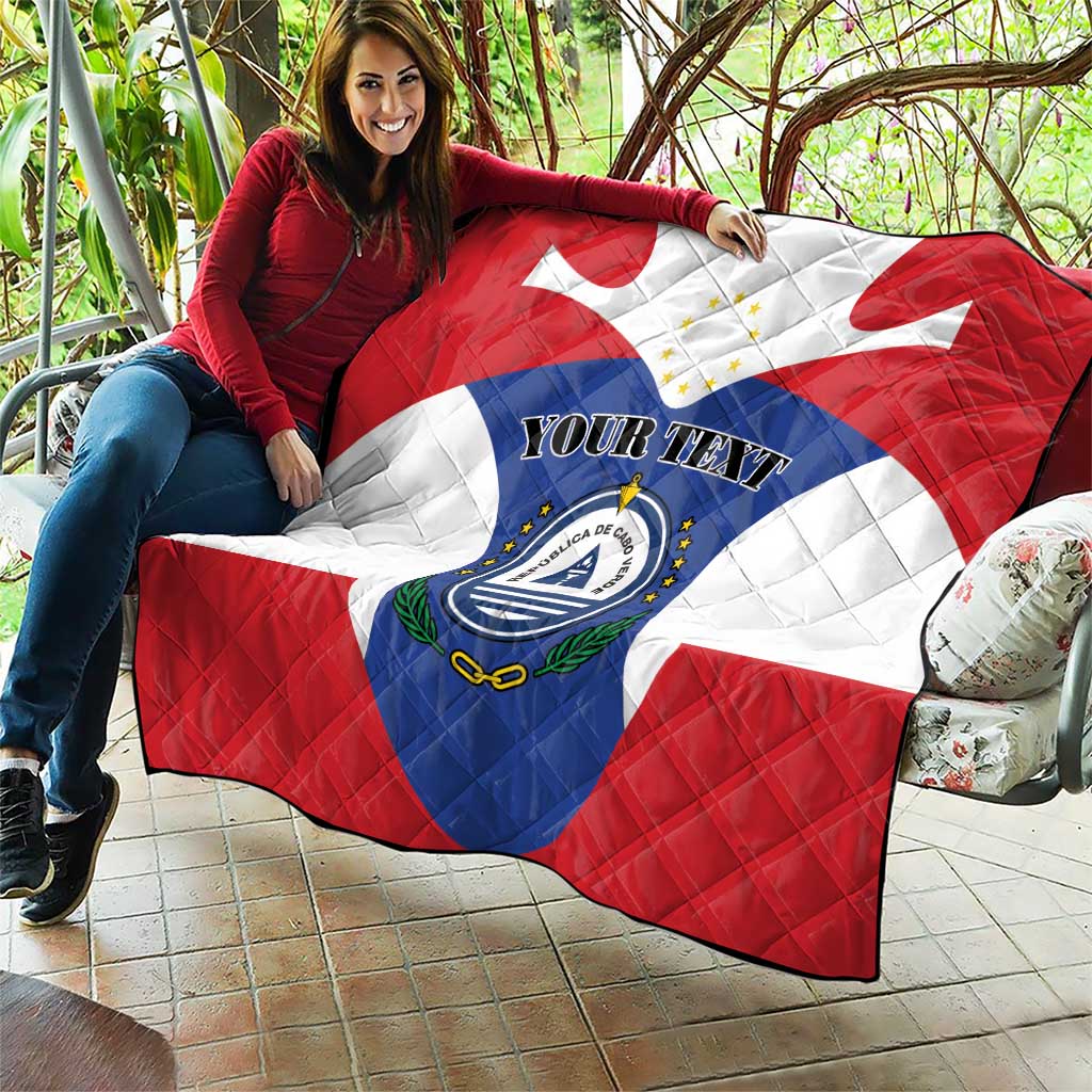 Quilted blanket held on patio, Cape Verde flag print with custom text and crest