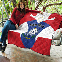 Quilted blanket held on patio, Cape Verde flag print with custom text and crest