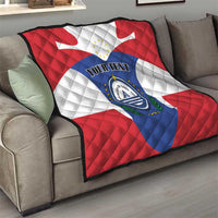 Quilted blanket on sofa with Cape Verde flag design and custom text over crest