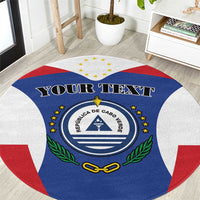 Blue round rug with Cabo Verde crest, stars, and 'YOUR TEXT' center