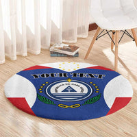 Blue round rug with Cabo Verde crest and 'YOUR TEXT' banner on circular base