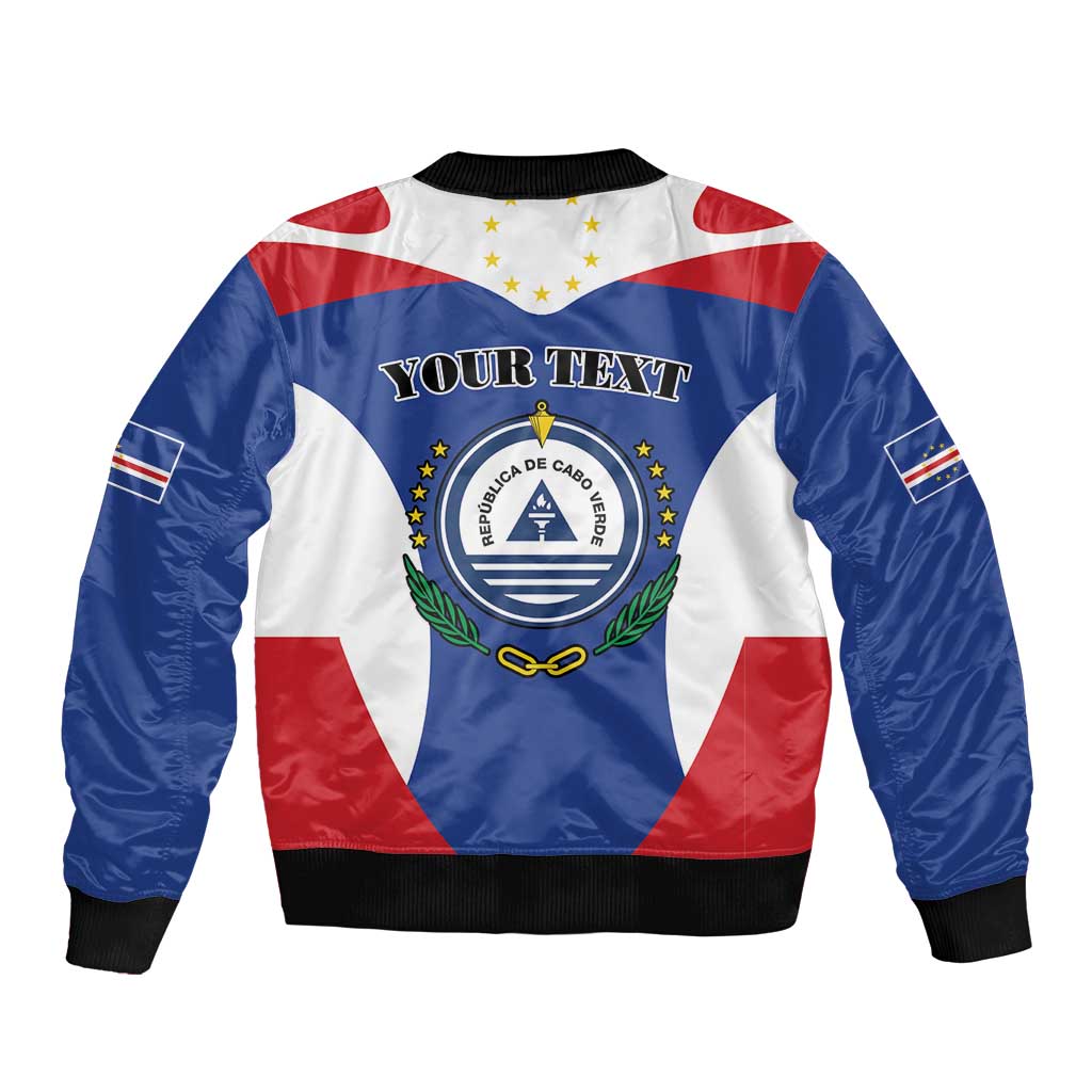 Blue zip bomber jacket with laurel crest, stars, and “Your Text” print