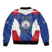 Blue zip bomber jacket with laurel crest, stars, and “Your Text” print