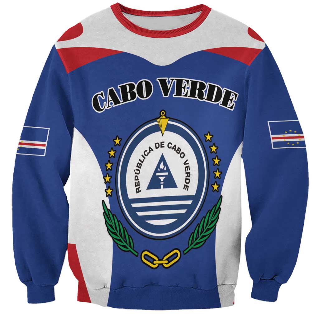 Unisex blue sweatshirt with Cabo Verde coat of arms emblem and 'CABO VERDE' lettering