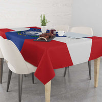 Cape Verde flag-themed tablecloth with coat of arms on a dining table
