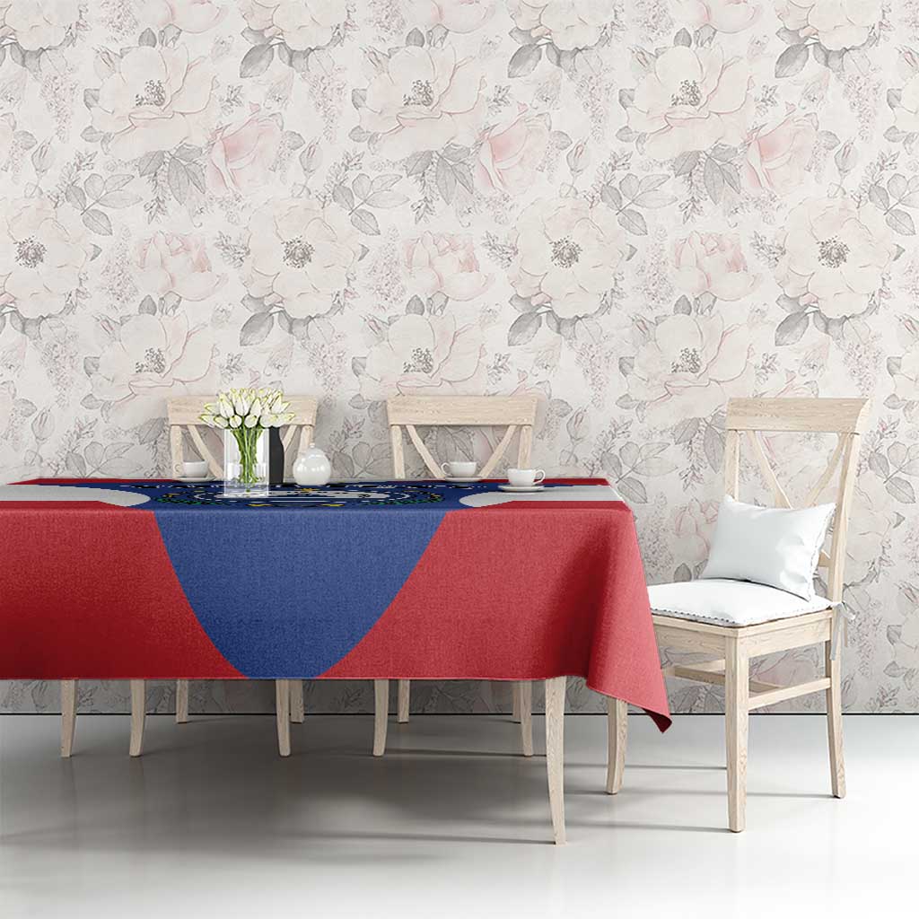 Cape Verde coat of arms tablecloth in red, blue, and white on a dining table