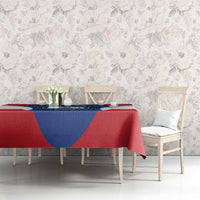 Cape Verde coat of arms tablecloth in red, blue, and white on a dining table