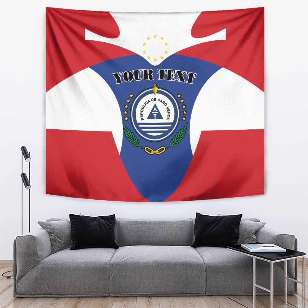 Cape Verde flag tapestry with red and white stripes, blue emblem, and 'Your Text' area