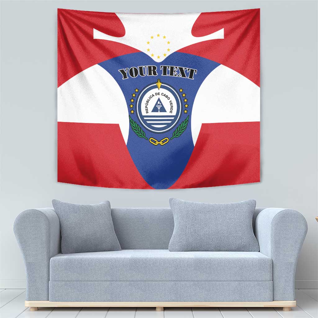Cape Verde flag tapestry with red border, white field, and blue coat of arms emblem