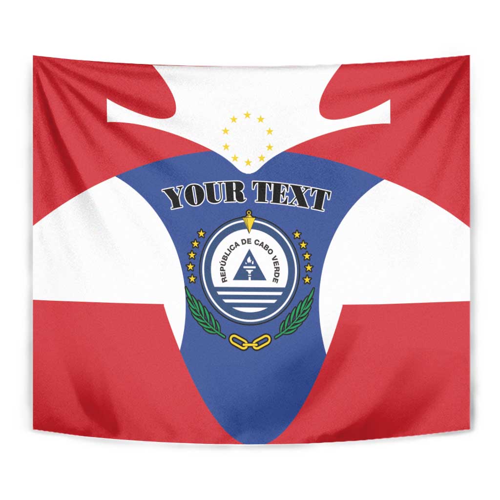 Cape Verde flag tapestry close-up with 'Your Text' over blue coat of arms crest