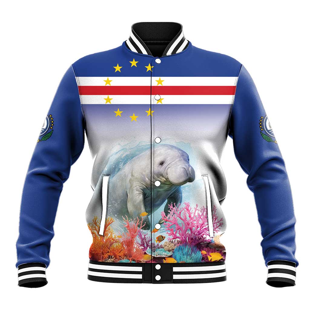 Blue manatee baseball jacket with coral reef graphic, flag stripe panel, striped collar