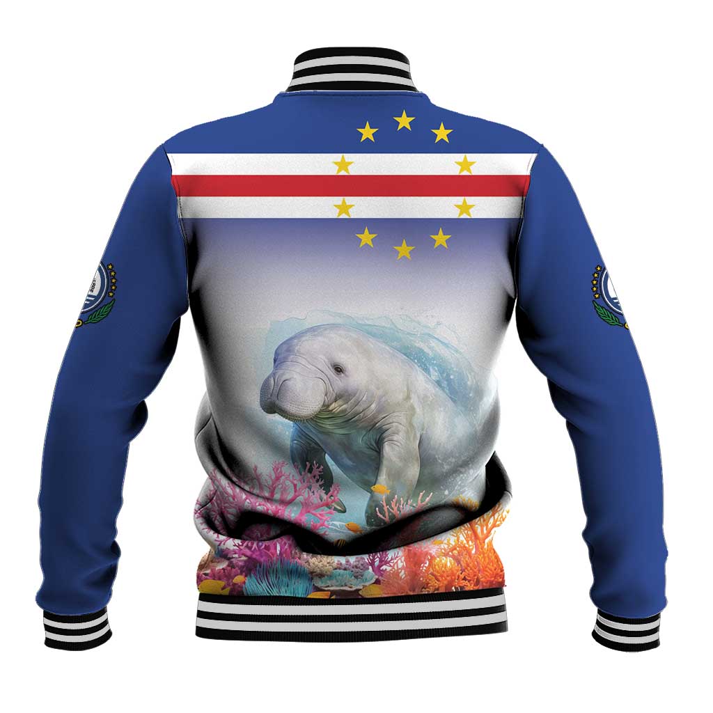 Blue manatee baseball jacket, coral reef scene on back, striped collar and ribbed hem