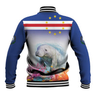 Blue manatee baseball jacket, coral reef scene on back, striped collar and ribbed hem
