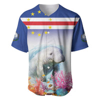 Men's baseball jersey with blue sleeves, manatee print, coral reef and flag stars