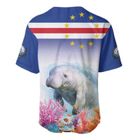 Men's baseball jersey, back view: flag stripes with yellow stars and manatee over coral
