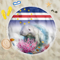 Blue 150 cm round beach blanket with fringe, manatee and coral reef flag design