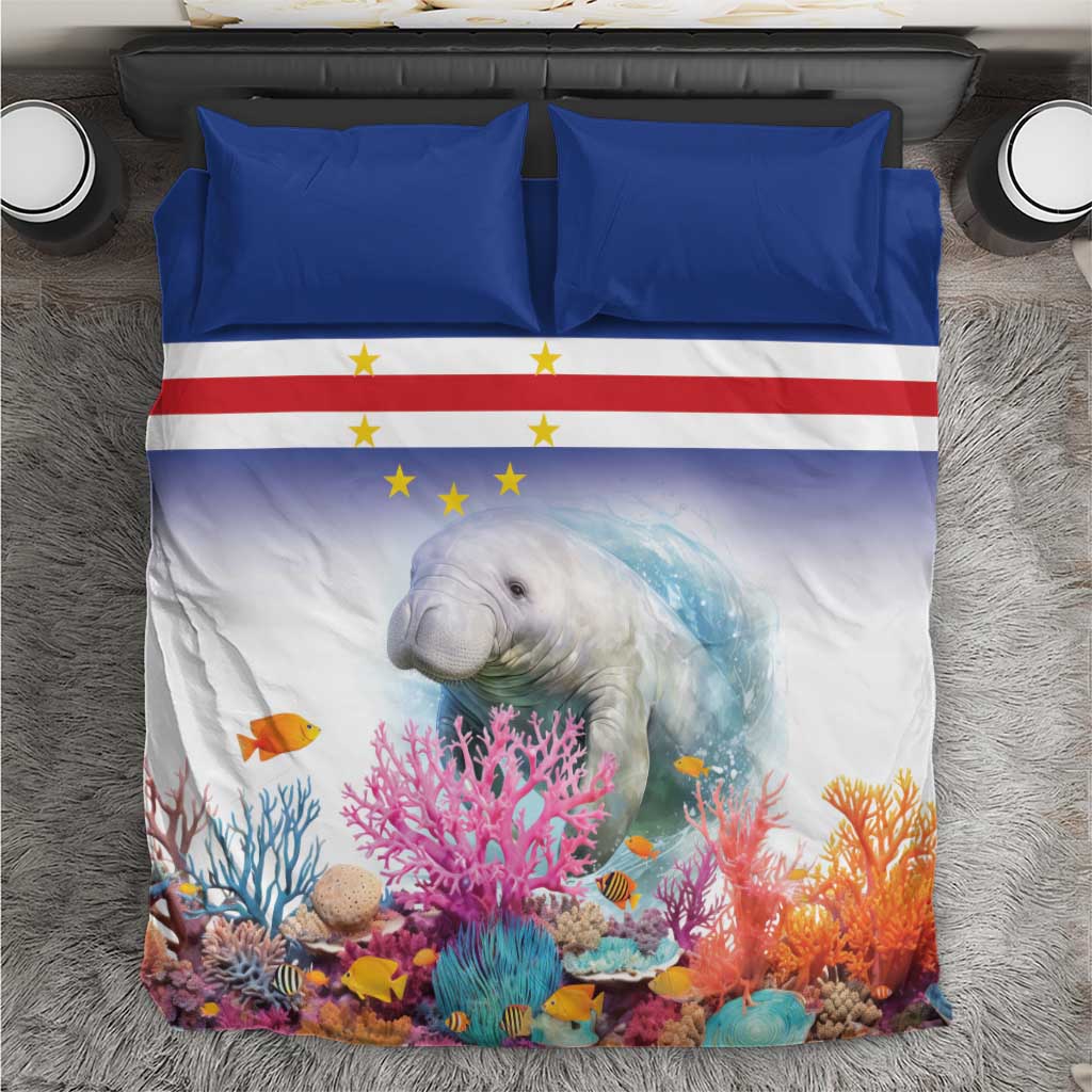Blue and white manatee bedding set with coral reef and star-striped flag design