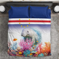 Blue and white manatee bedding set with coral reef and star-striped flag design