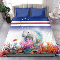 Blue and white manatee duvet with coral reef print and star-striped flag
