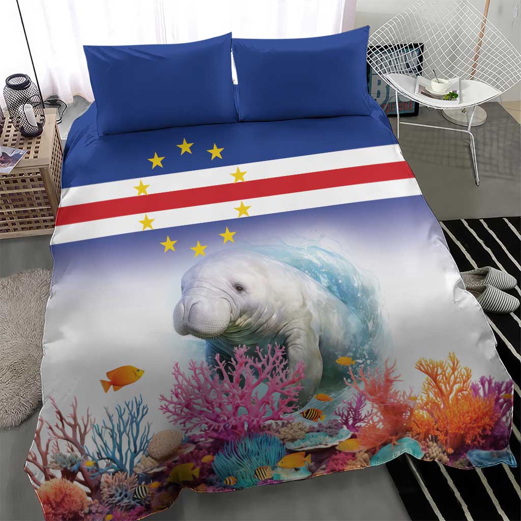 Blue and white manatee duvet cover with coral reef scene and star-striped band