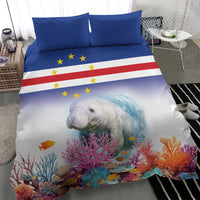 Blue and white manatee duvet cover with coral reef scene and star-striped band