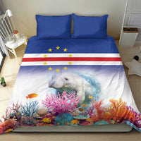 Blue and white manatee bedding set featuring coral reef print and star-striped flag