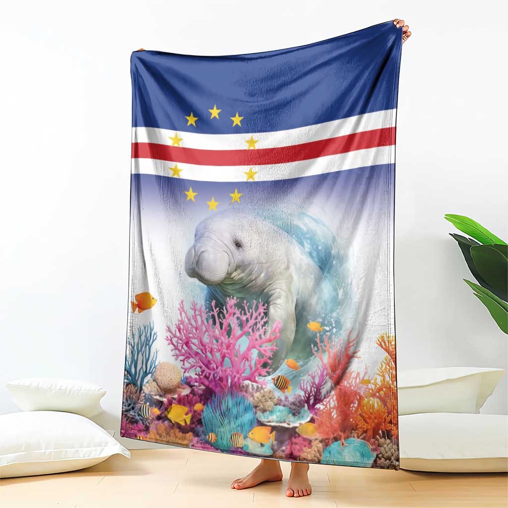 Coral reef manatee blanket with Cape Verde flag style, held upright on the floor